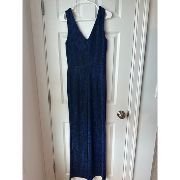 Women's Lulus Blue and Black Metallic Ribbed V-Neck Jumpsuit - Picture 8 of 11